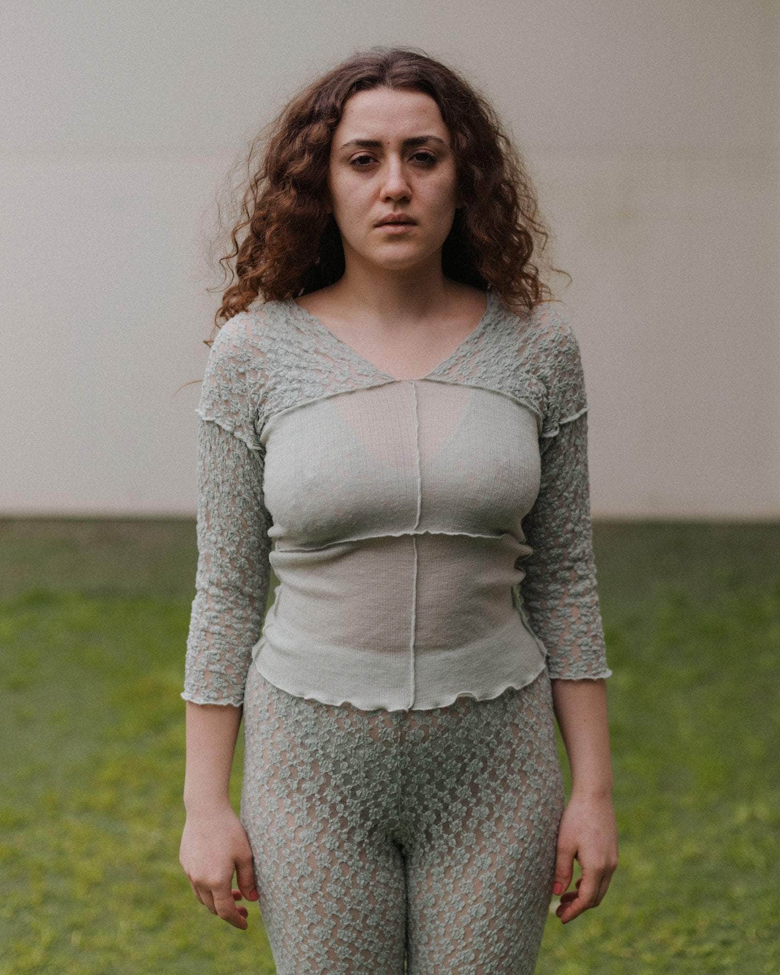 Nehru Long Sleeve Tee in Conta green | Lace & wool | Baserange