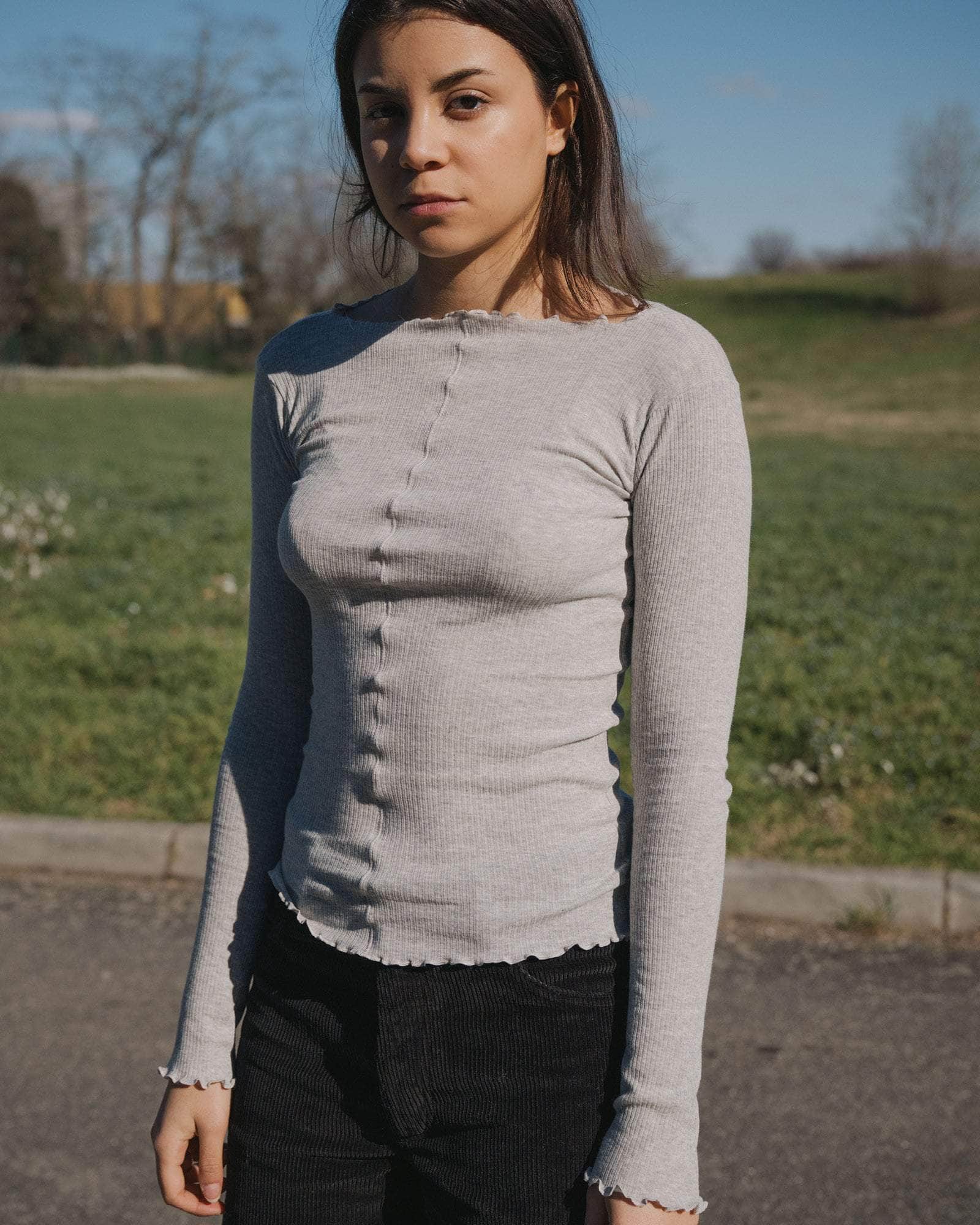 Pama Long Sleeve Tee in Grey melange | Fine organic cotton rib