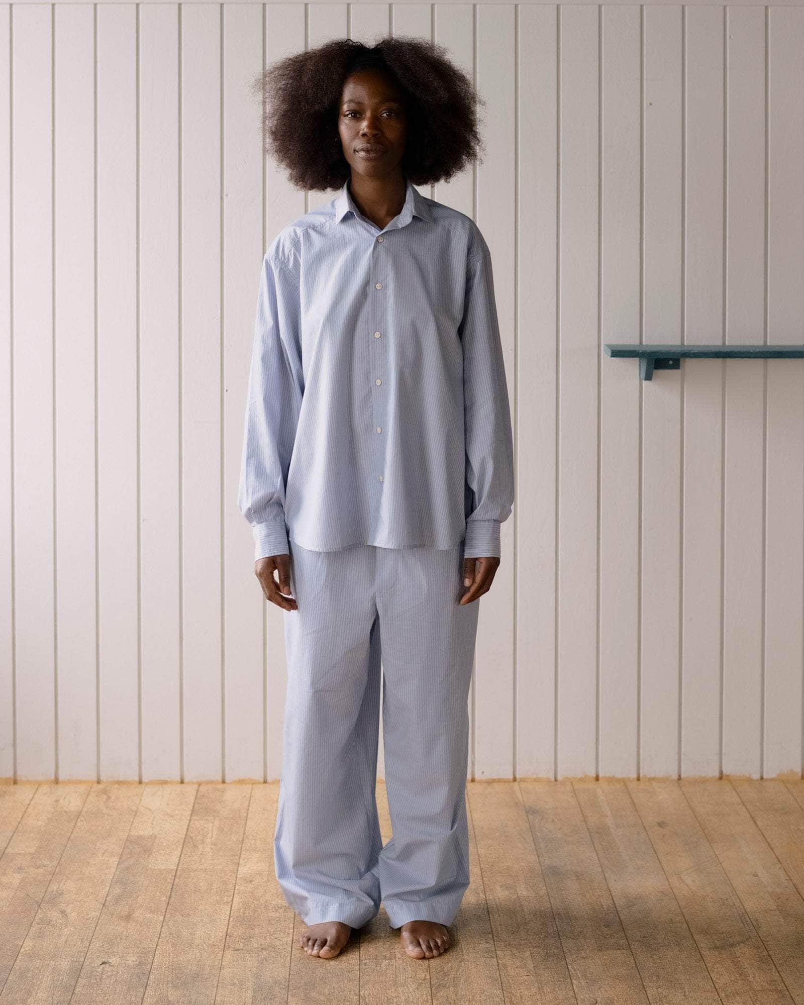 Claude パンツ in Blue stripe | オーガニックコットンポプリン