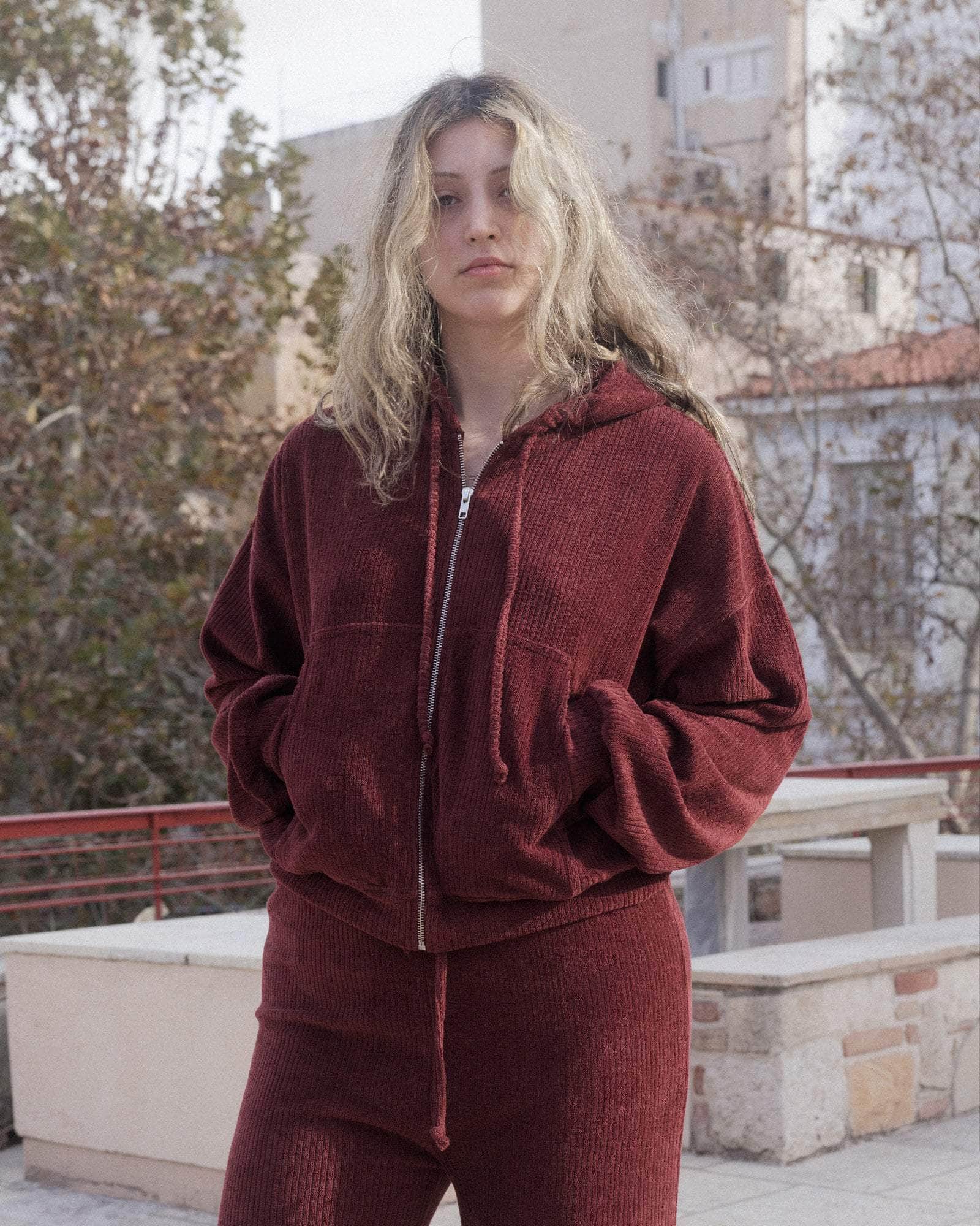 Ran Zipped Hoodie in Aster Brown Red | Organic cotton terry | en