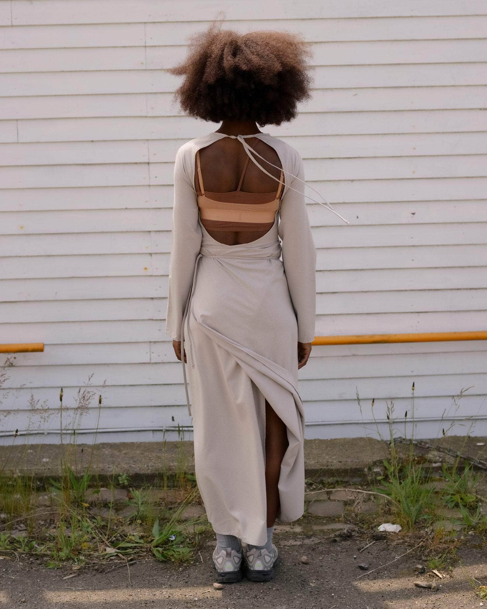 BASERANGE WOVEN LONG SLEEVE APRON DRESS