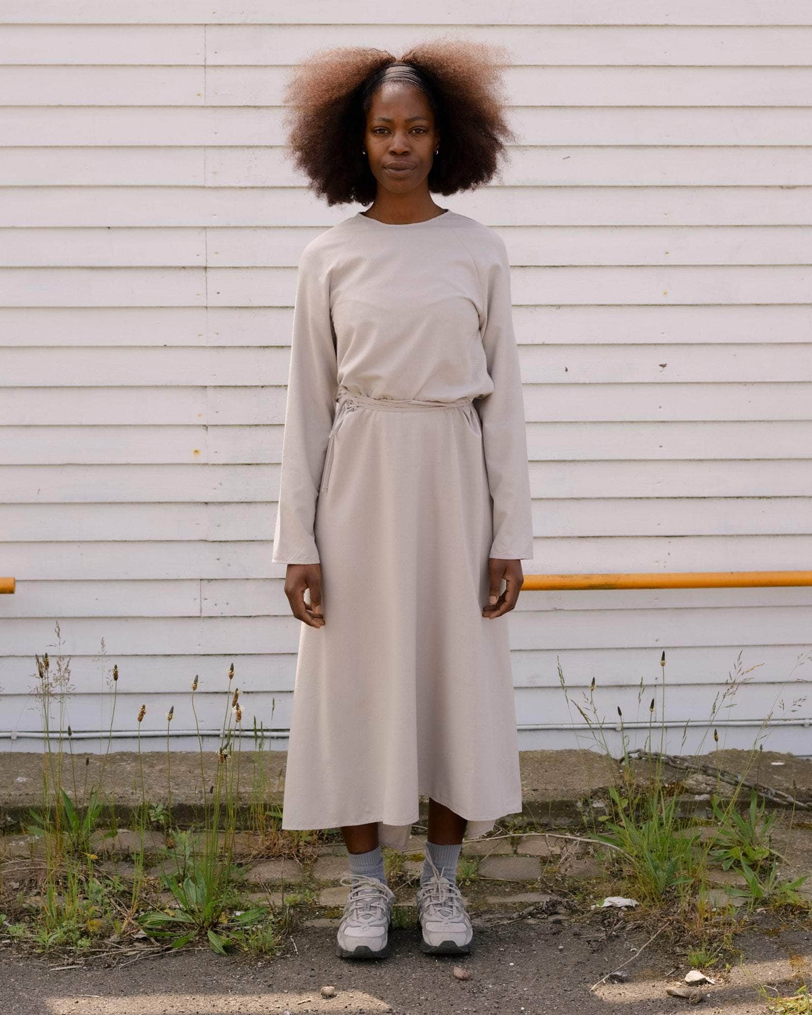 BASERANGE WOVEN LONG SLEEVE APRON DRESS