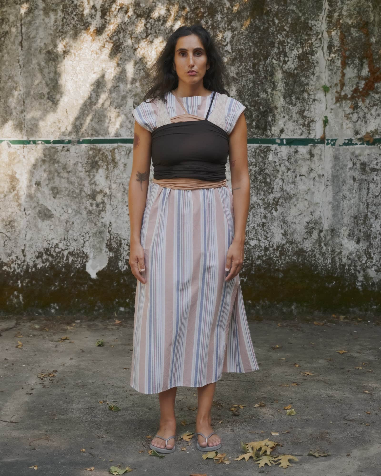 BASERANGE WOVEN STAVE SLEEVELESS DRESS