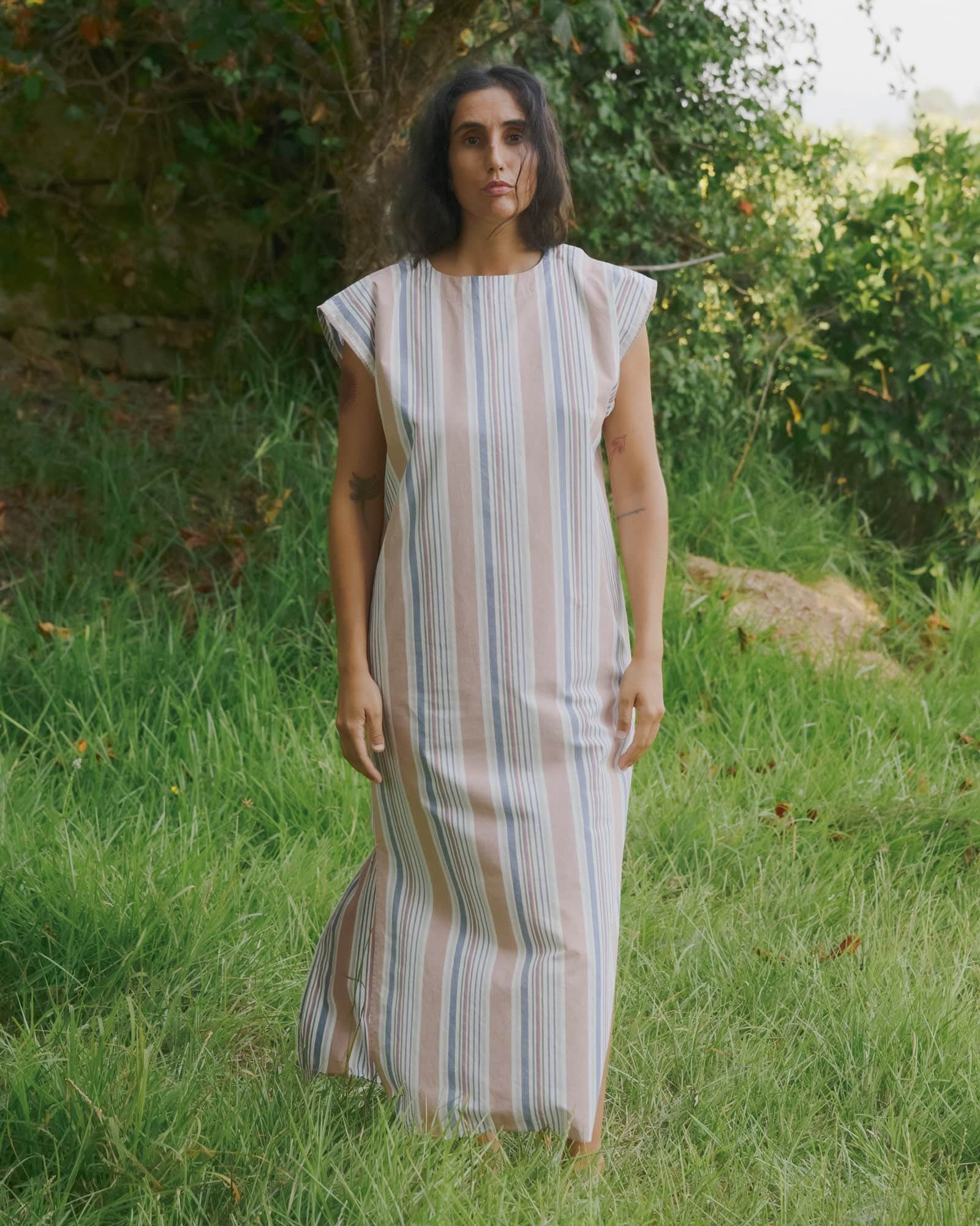 BASERANGE WOVEN STAVE SLEEVELESS DRESS